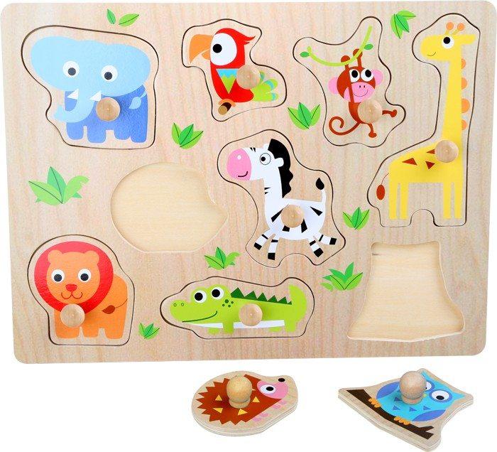 Puzzle Animali dello zoo in legno con bottone in legno.Gioco per bambini