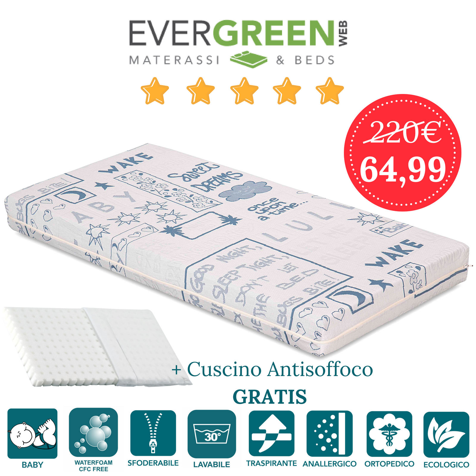 Materasso per Culla BABY PIMPY Waterfoam ORTOPEDICO colore Blu + Cuscino OMAGGIO