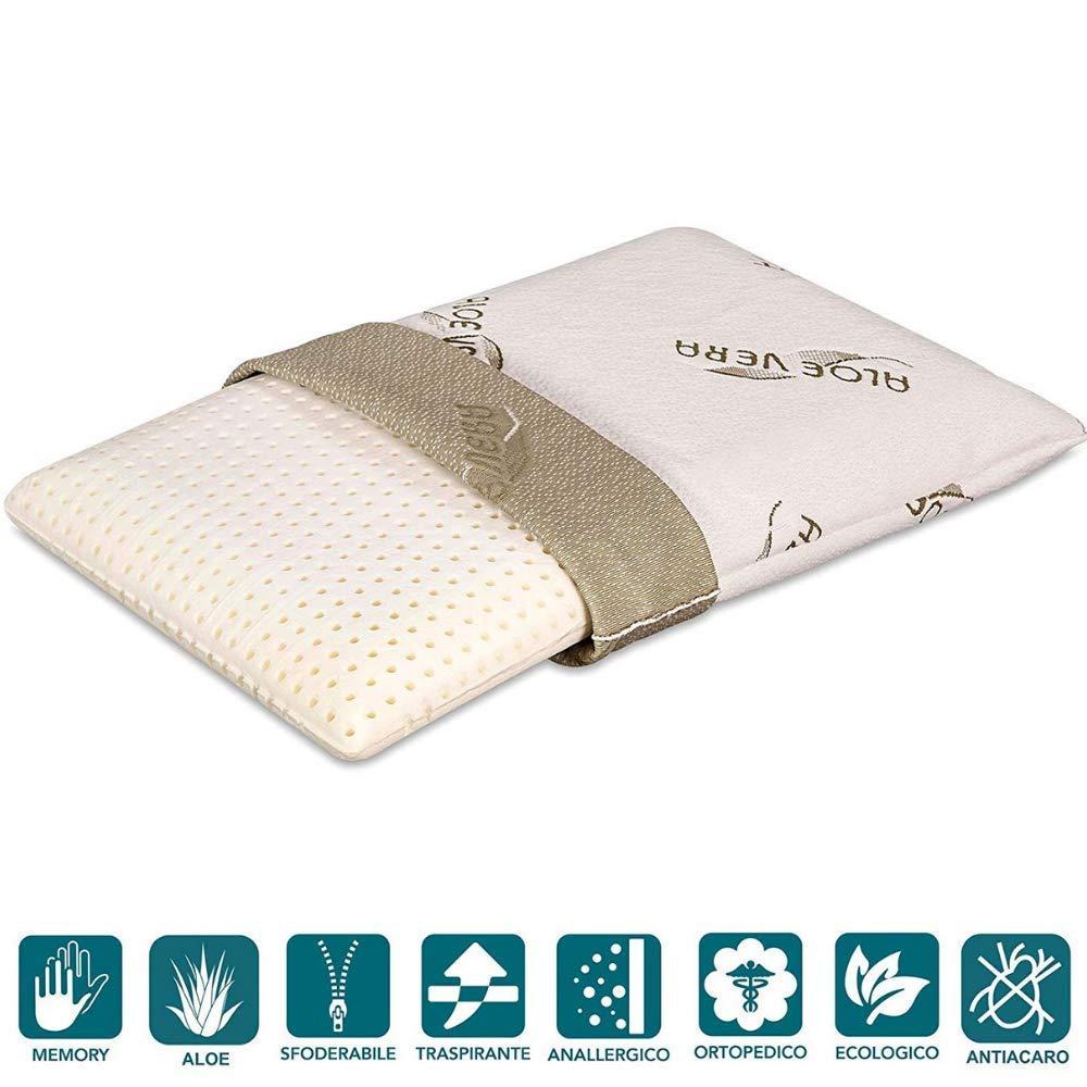 Cuscini Letto in Memory Foam 40x70 Bassi 9 cm, fodera con Oli essenziali ALOE VERA Sfoderabili e Lavabili in lavatrice, Coppia Guanciali Automodellanti ottimi per dolori Cervicali, Modello Saponetta forato Super Traspirante, tessuto Antiacaro, Anallergico, Morbido, cuscini per il collo, adatti a tutti i materassi e letti - OFFERTA