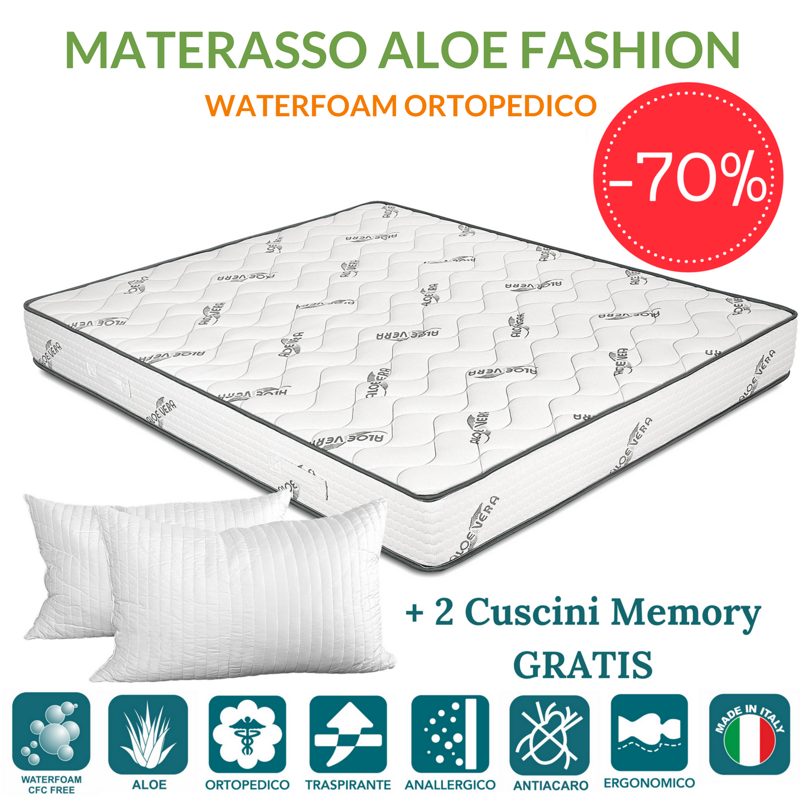 Materasso con Fodera oli essenziali ALOE VERA effetto Massaggiante alto 20 cm