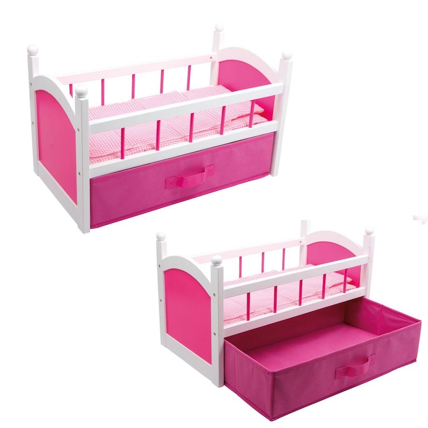 Letto Lettino per Bambole colore Rosa con biancheria e cassetto