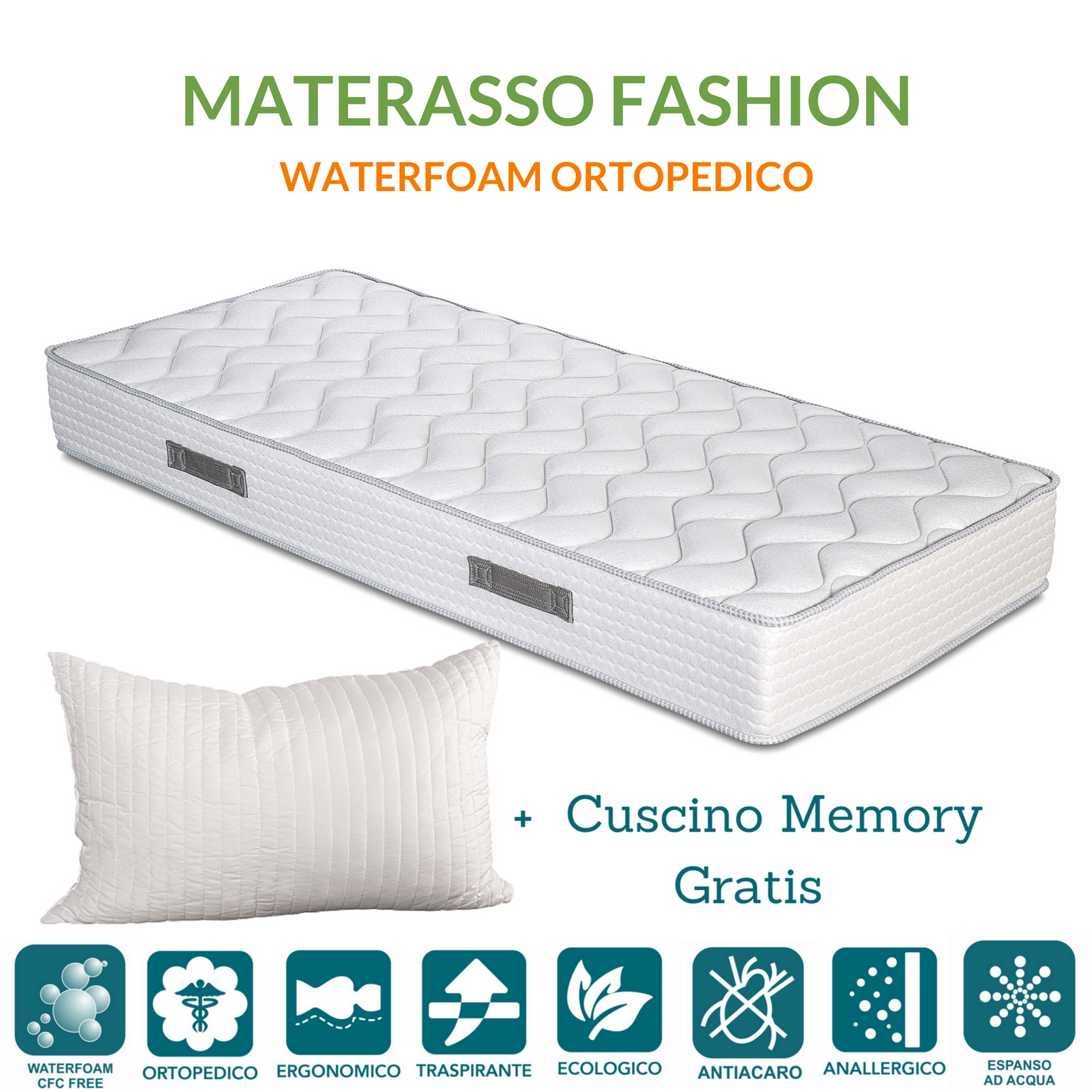 Materasso in Waterfoam alto 20 cm Ortopedico, Rivestimento effetto Massaggiante, con Cuscini Memory Foam Gratis | FASHION 2.0