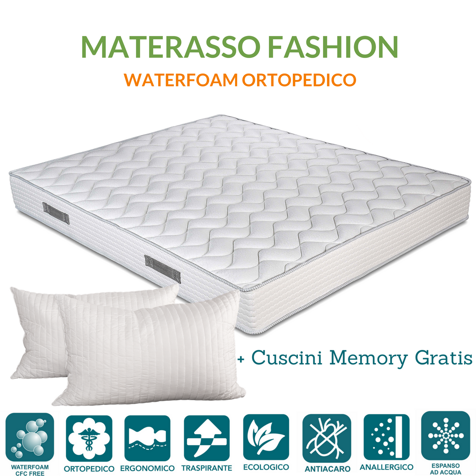 Materasso in Waterfoam alto 20 cm Ortopedico, Rivestimento effetto Massaggiante, con Cuscini Memory Foam Gratis | FASHION 2.0