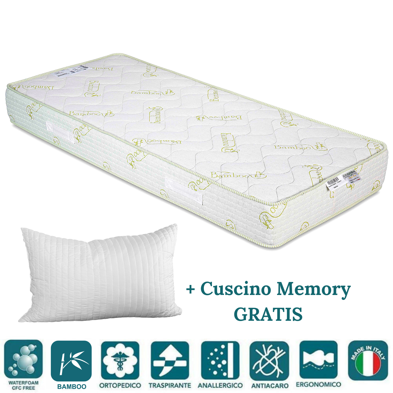 Materasso Fibra BAMBOO e Waterfoam Ortopedico Alto 20 cm con Cuscini Memory Foam