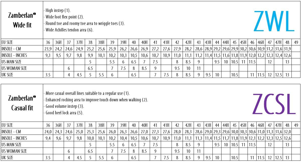 Zamberlan 2025 size guide