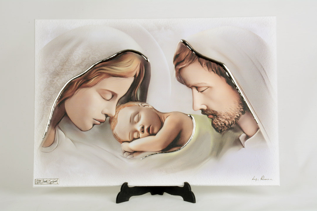 Quadro Moderno Sacra Famiglia Legno Decorato Finiture in Argento 33x23