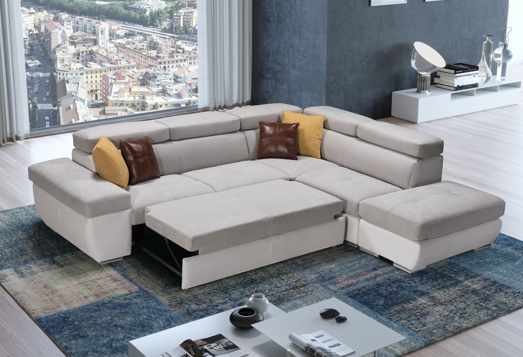 Divano letto angolare artigianale (personalizzabile) con pouf scorrevole  estraibile, poggiatesta e bracciolo reclinabili e pouf e bracciolo