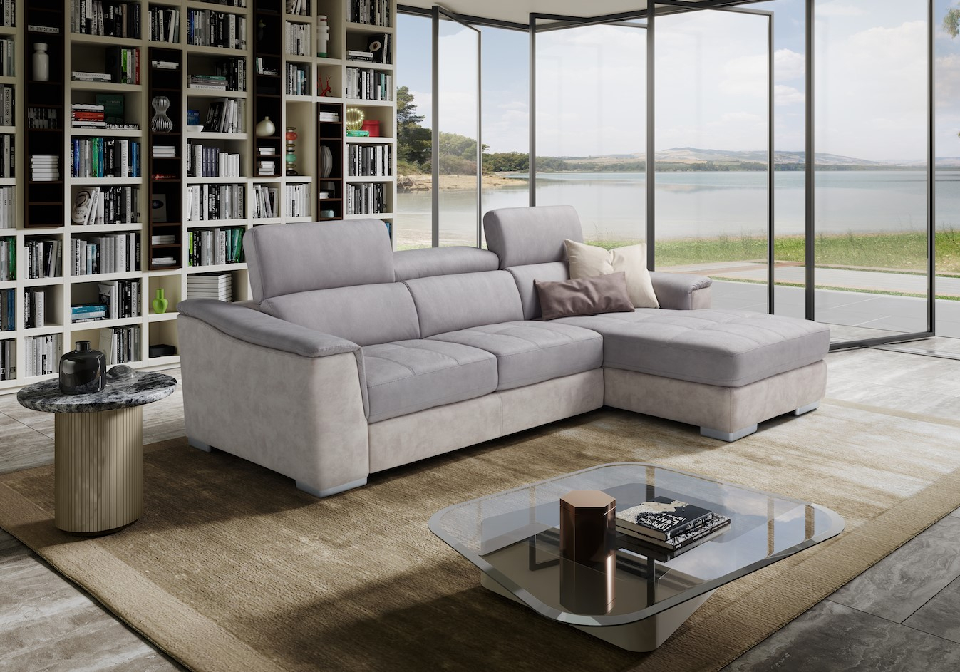 Divano Letto Con Chaise Longue Pouf Estraibile E Poggiatesta Relax