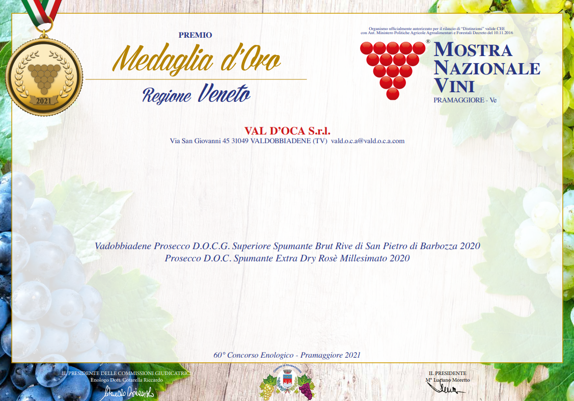 Medaglie d'Oro per Val D'Oca al 60° Concorso Nazionale dei Vini DOCG, DOC, IGT