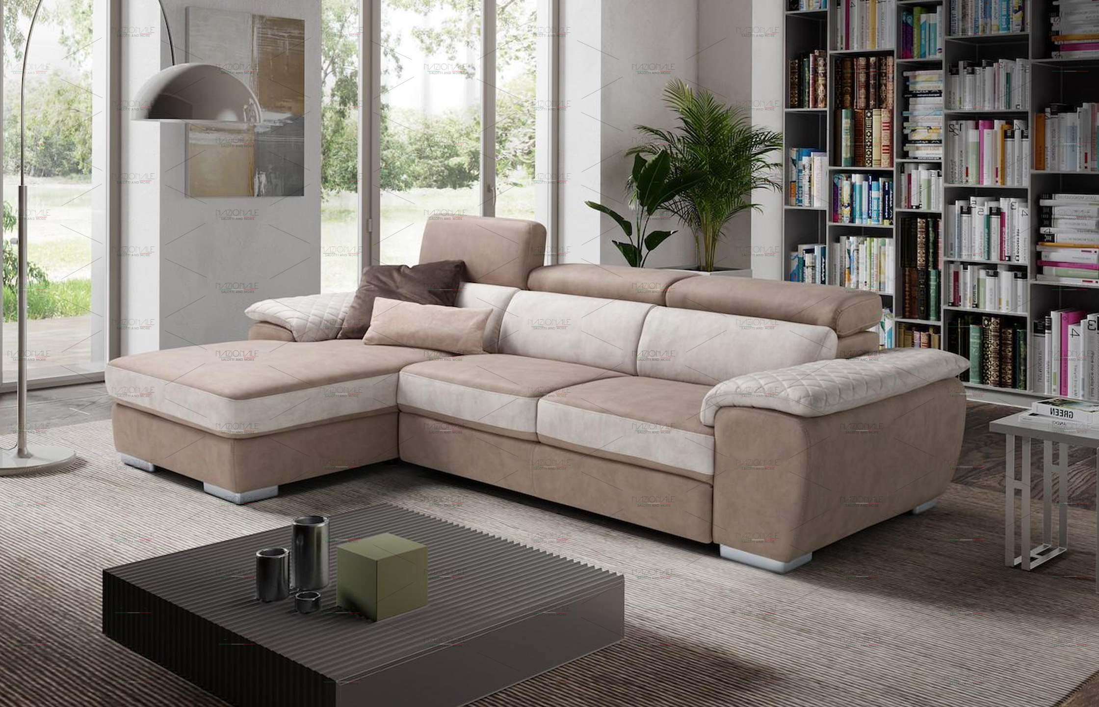 Divano letto scorrevole con chaise longue e pouf estraibile