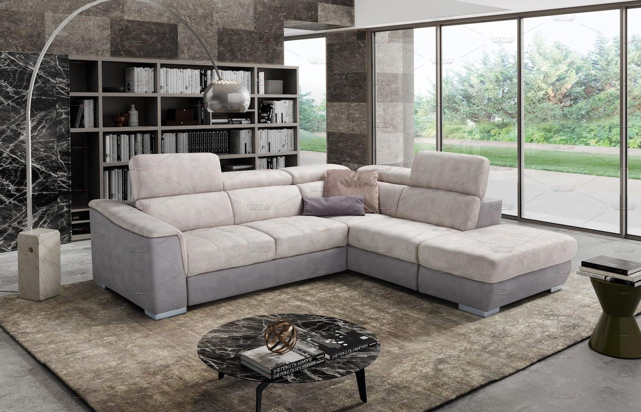 Divano letto angolare con pouf scorrevole e pouf contenitore