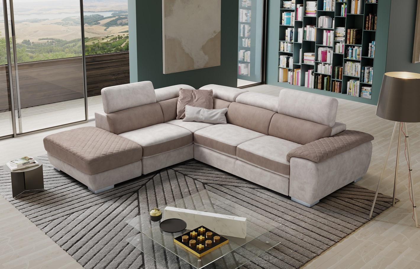 Divano letto angolare con pouf scorrevole e pouf contenitore