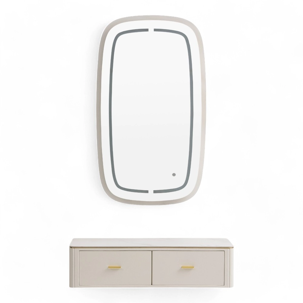 POSTAZIONE SPECCHIO | SQUIS.YC | MENSOLA BIANCA CON LED E INSERTI ORO