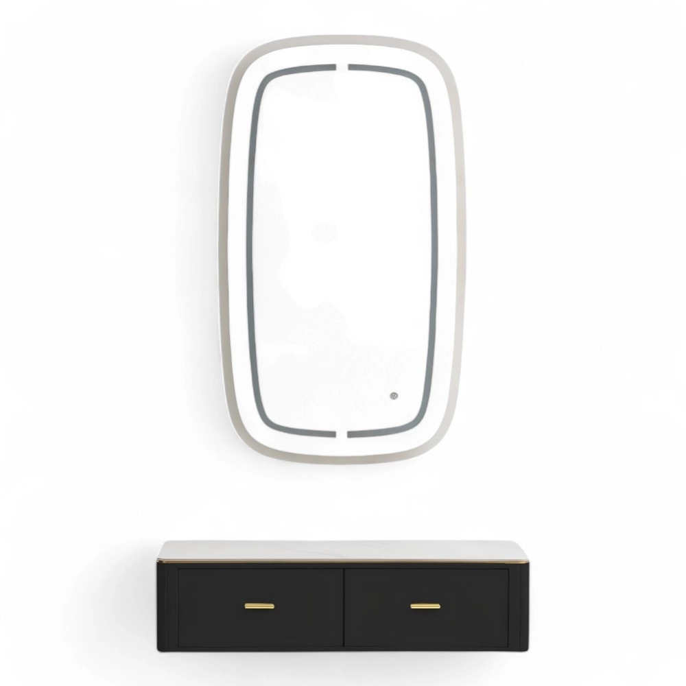 POSTAZIONE SPECCHIO | SQUIS.YC | MENSOLA NERA CON LED E INSERTI ARGENTO