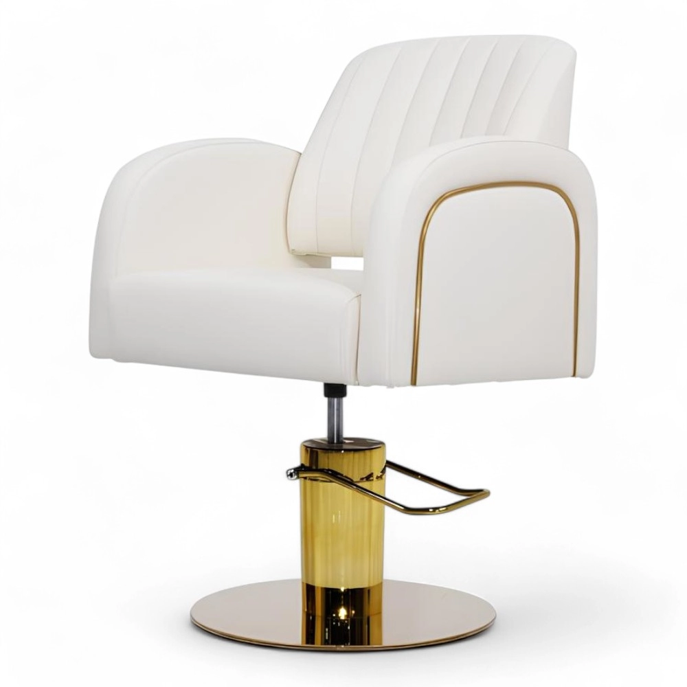 POLTRONA PARRUCCHIERE | ELITE.YC | SIMILPELLE BIANCO PANNA E INSERTI ORO CON POMPA IDRAULICA