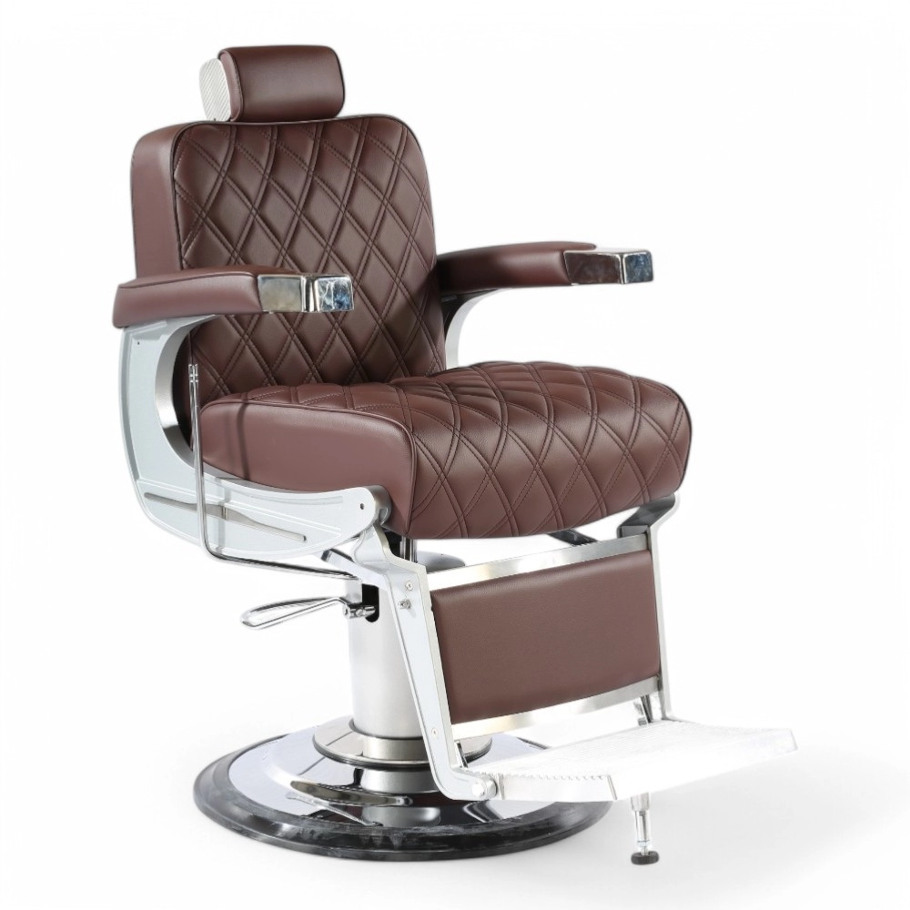 POLTRONA BARBIERE | MOON.EM | SCOCCA ARGENTO IN SIMILPELLE MARRONE CON CUCITURE A ROMBI
