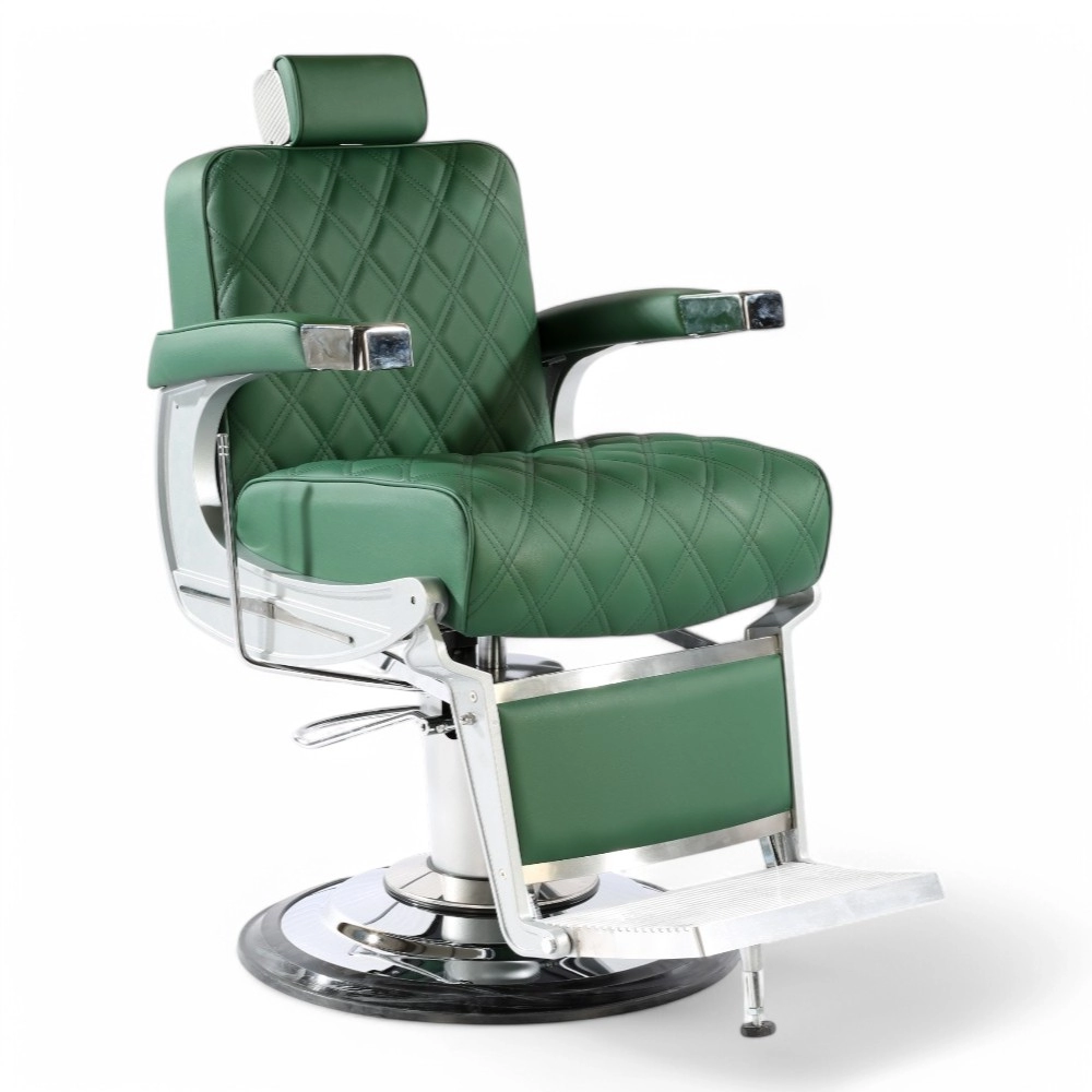 POLTRONA BARBIERE | MOON.EM | SCOCCA ARGENTO IN SIMILPELLE VERDE CON CUCITURE A ROMBI