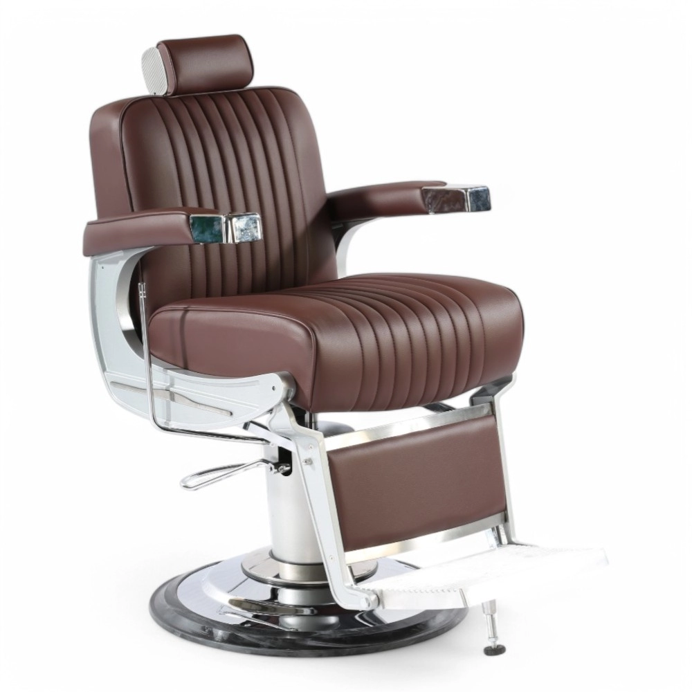 POLTRONA BARBIERE | MUSK.EM | SCOCCA ARGENTO IN SIMILPELLE MARRONE CON CUCITURE A STRISCE