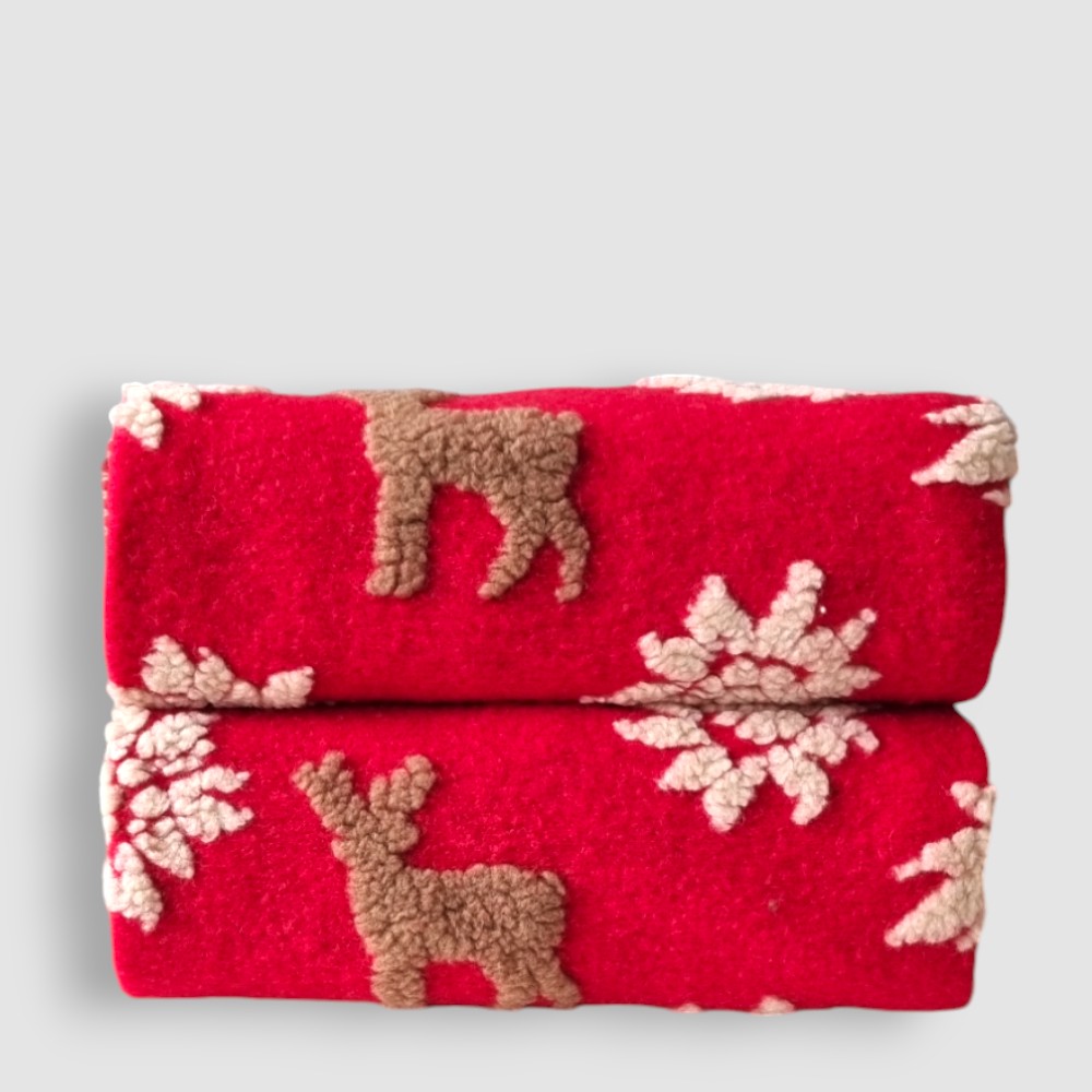 Plaid in Lana Cotta Rosso  Natale con Cervi e fiocchi - Soffice e Accogliente per Casa