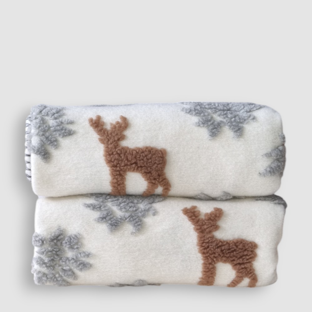 Plaid in Lana Cotta Panna con Cervi e fiocchi - Soffice e Accogliente per Casa