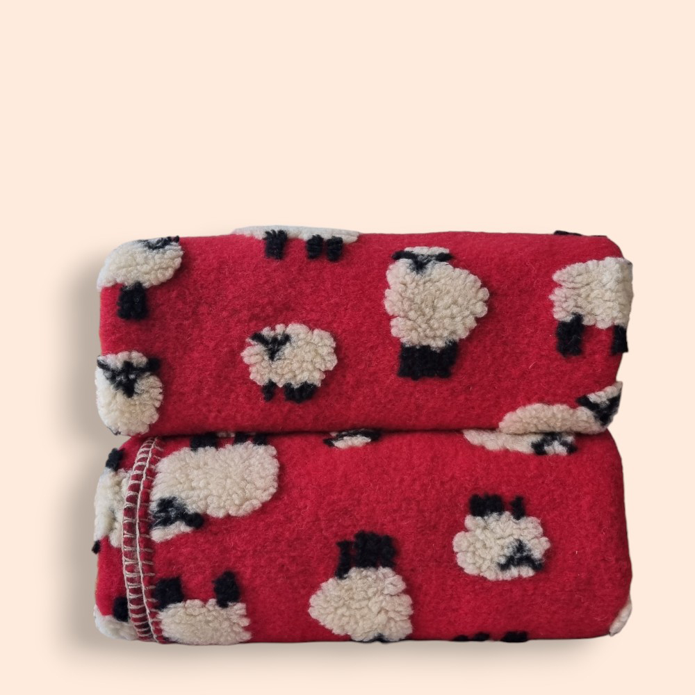 Plaid in Lana Cotta rosso con motivo di pecorelle - Soffice e Accogliente per Casa