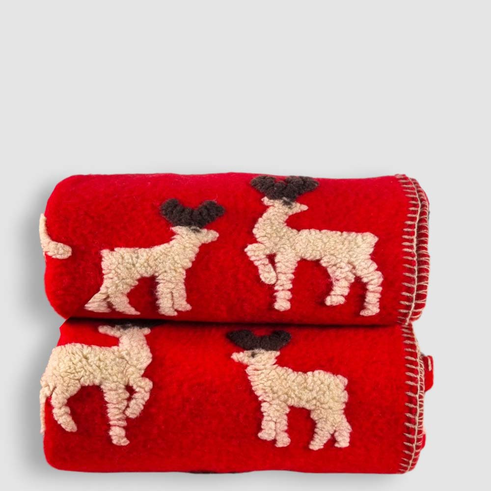 Plaid in Lana Cotta rosso con Cervi fondo rosso Natale - Soffice e Accogliente