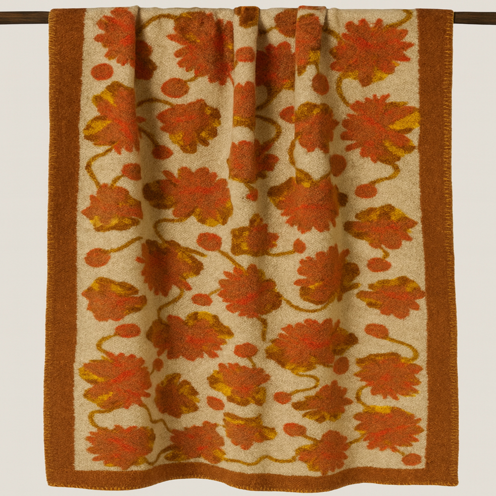 Plaid Coperta in Lana Cotta con Bordo a Contrasto Floreale tortora 150x200