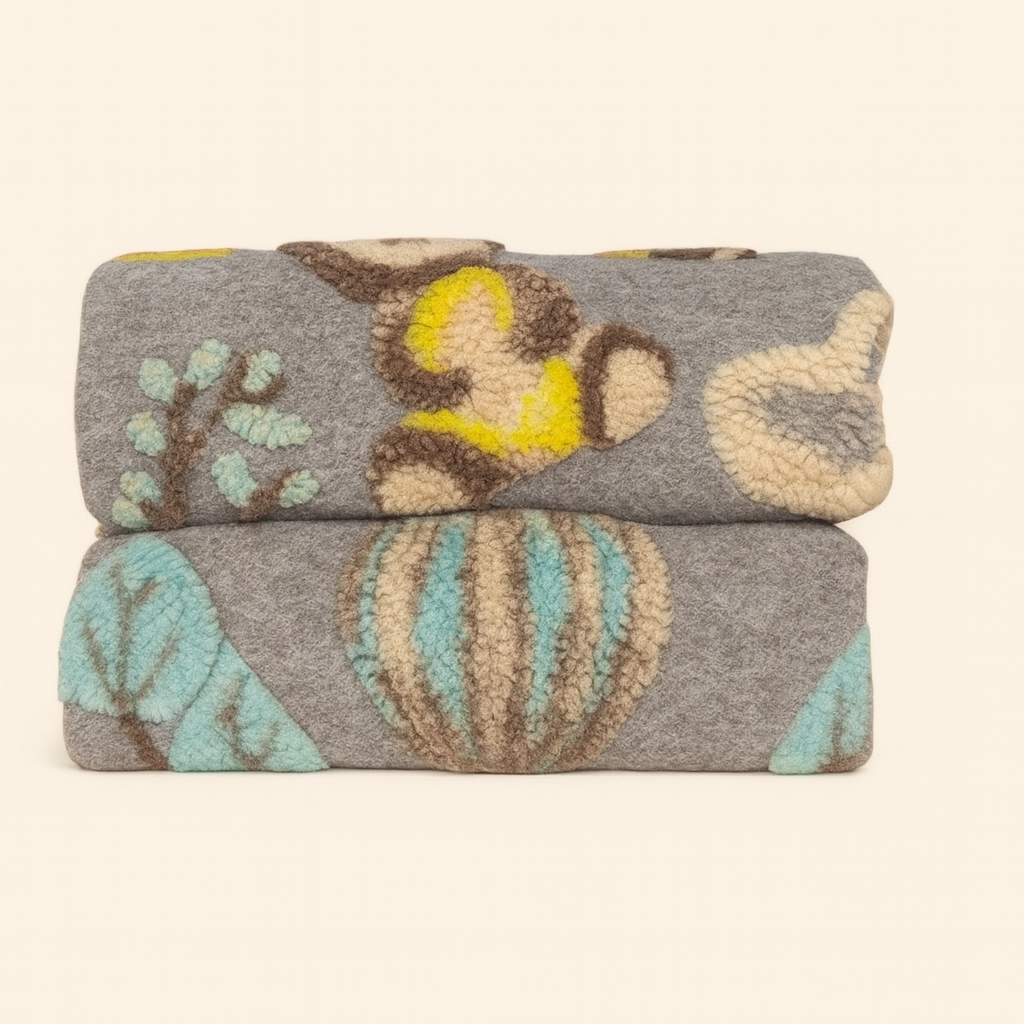 Coperta artigianale in lana cotta infeltrita 150x170 cm Mongolfiere grigio