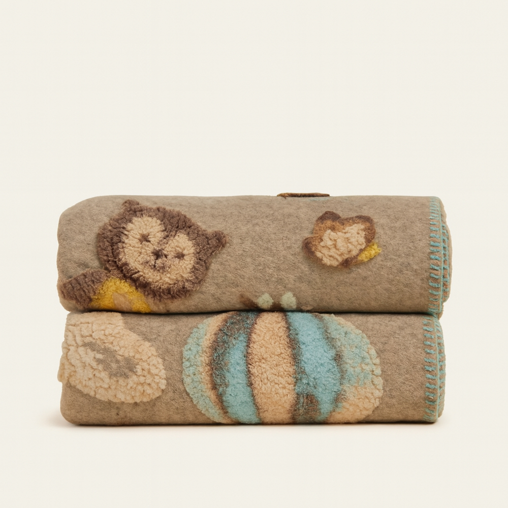 Plaid in lana cotta 150x170 cm Mongolfiere azzurre fondo tortora