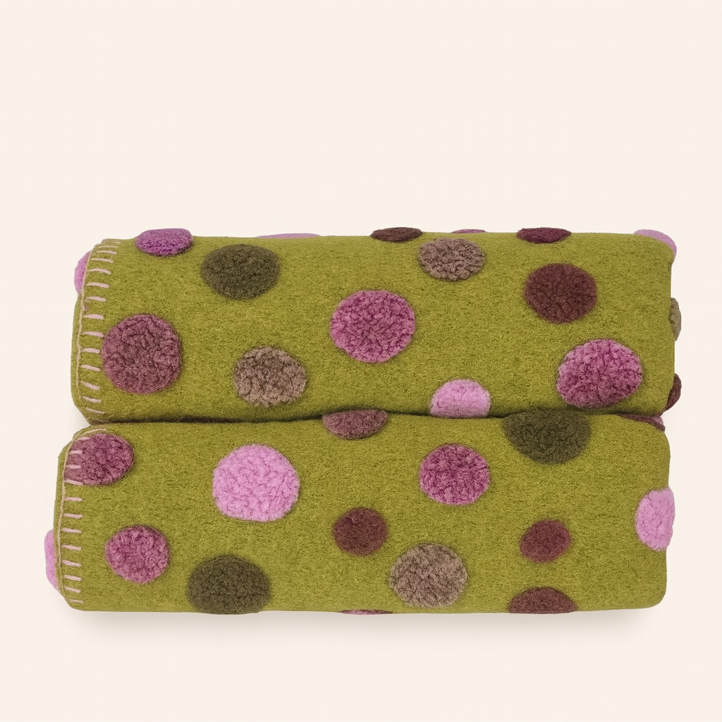 Plaid in lana cotta 150x170 cm verde con motivo a pois lilla