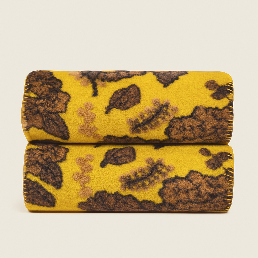 Plaid di Lana Cotta floreale marrone fondo senape - Soffice e Accogliente per Casa