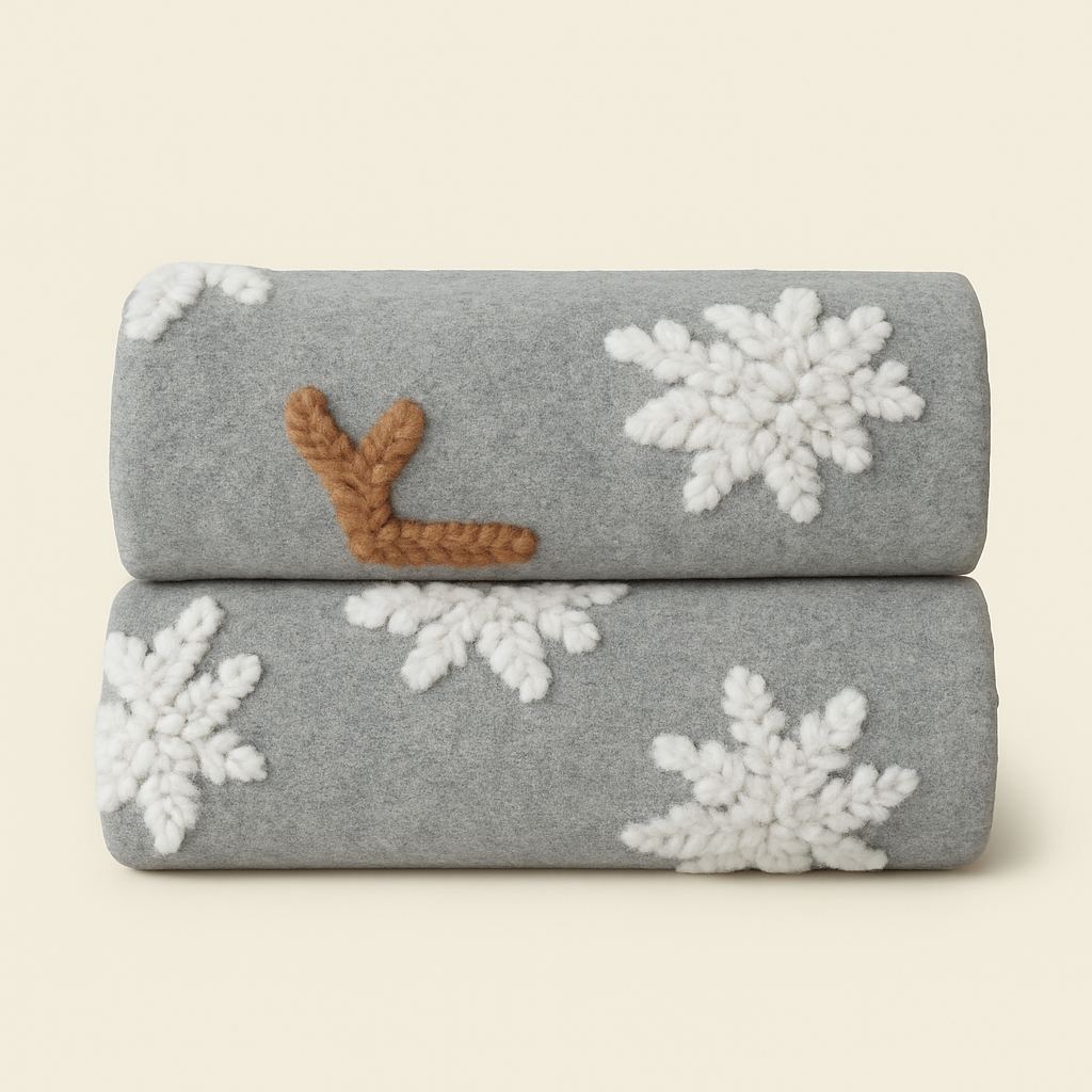 Plaid in Lana Cotta Panna con Cervi e fiocchi grigio - Soffice e Accogliente per Casa