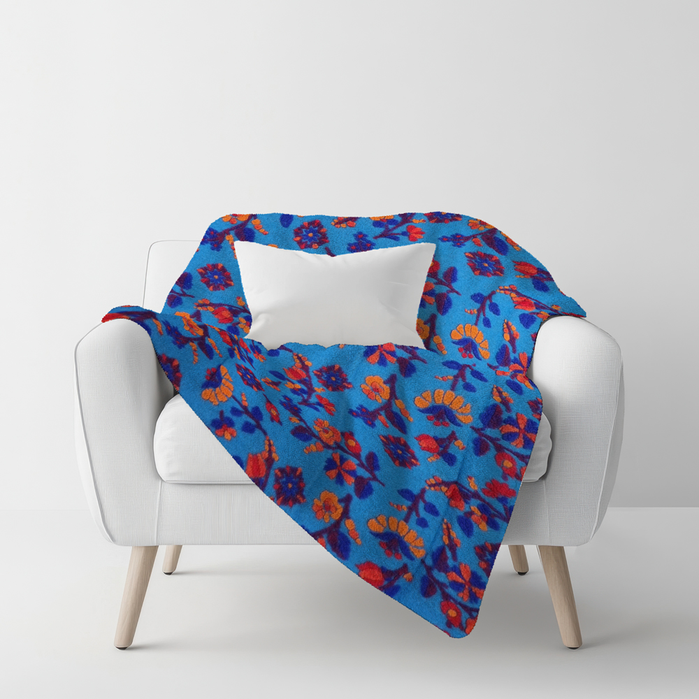 Plaid lana cotta 150x170 cm con motivo floreale-ramage fondo avio 