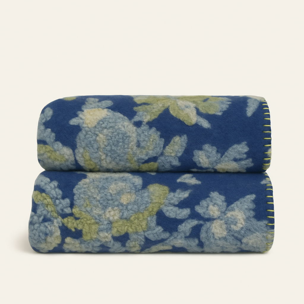 Plaid lana cotta 150x170 cm con motivo floreale blu Bordo punto cavallo