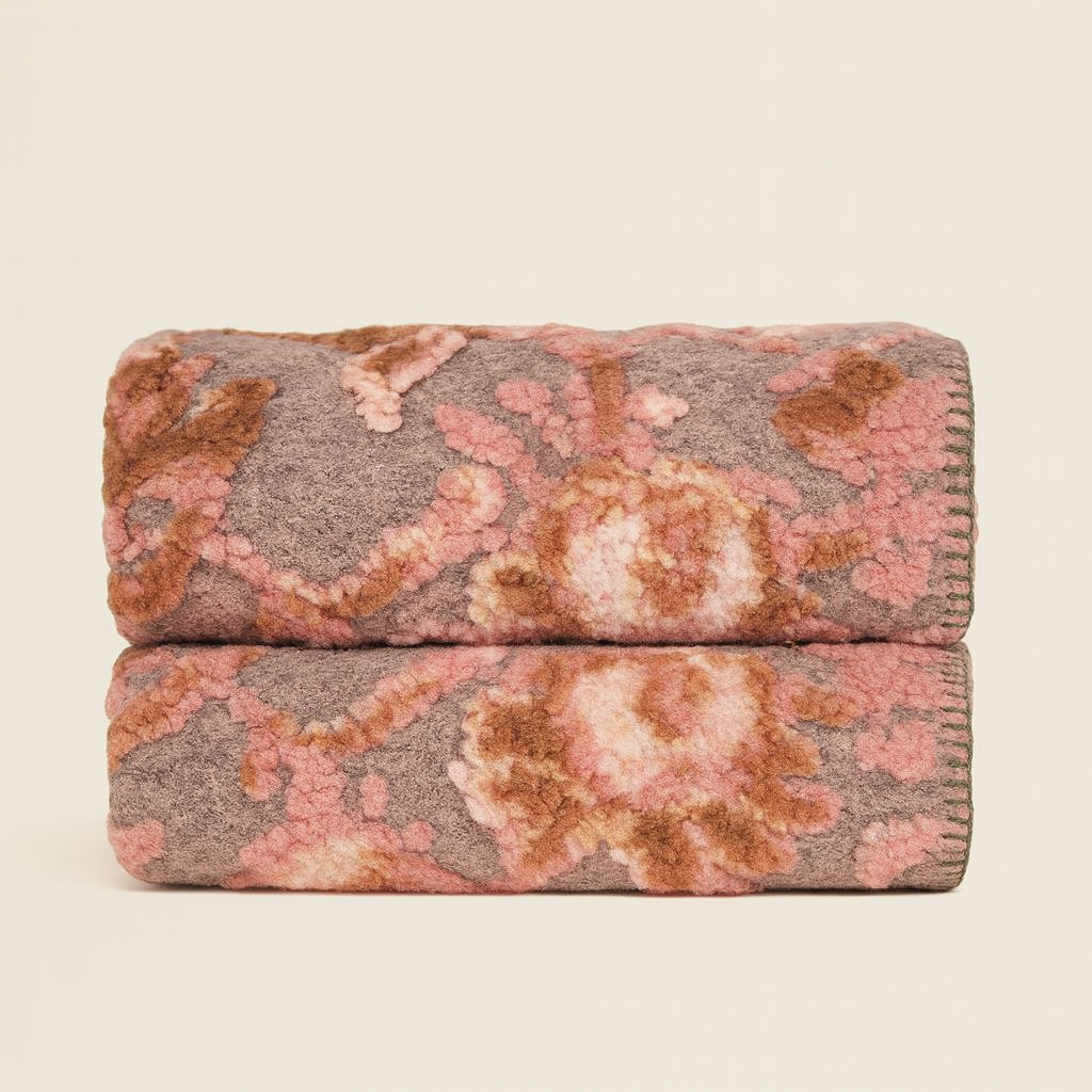 Plaid lana cotta 150x170 cm floreale rosa fondo grigio Bordo punto cavallo