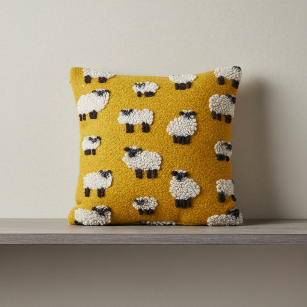 Cuscino in Lana Cotta 50x50 Pecorelle su Fondo Giallo Senape ? Stile Chalet