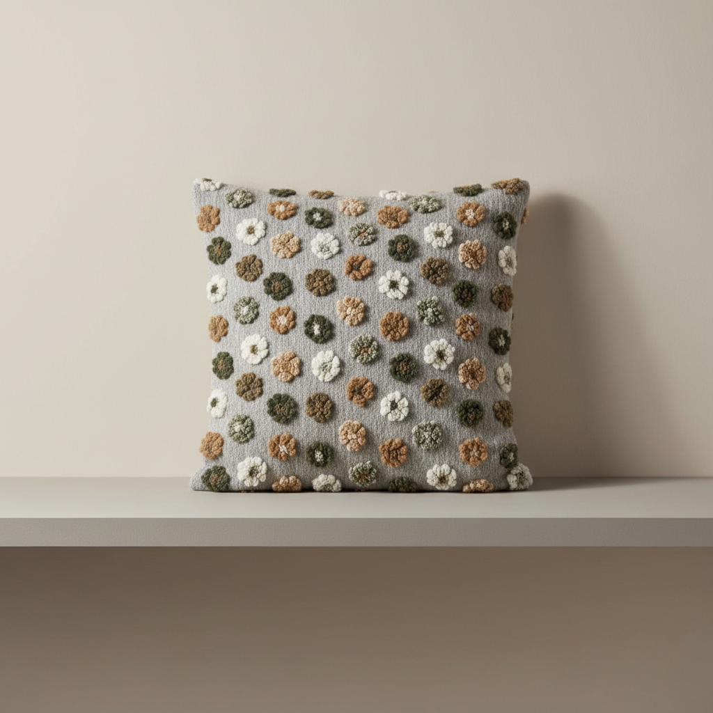 Cuscino in Lana Cotta 50x50 Margherite verdi su Fondo Grigio ? Stile Naturale