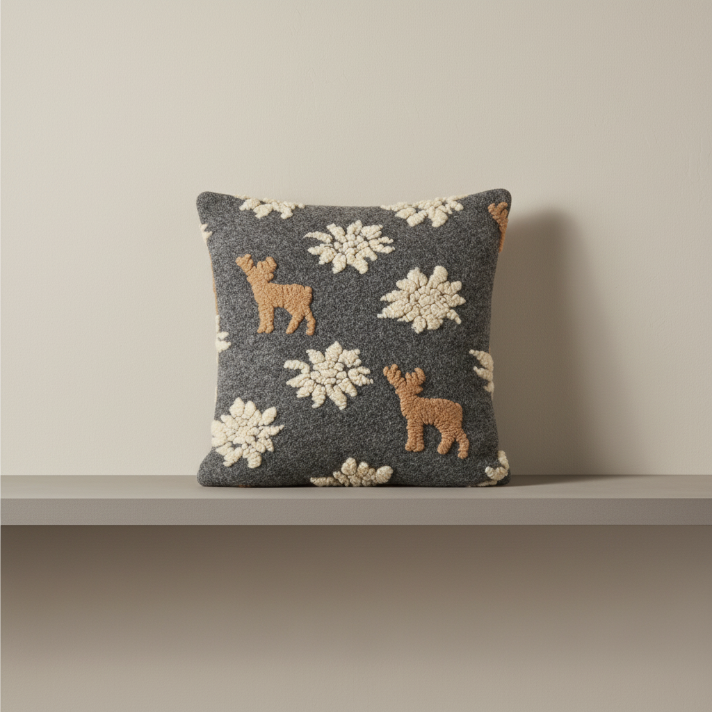 Cuscino in lana cotta 50x50 cervi e stelle alpine fondo antracite
