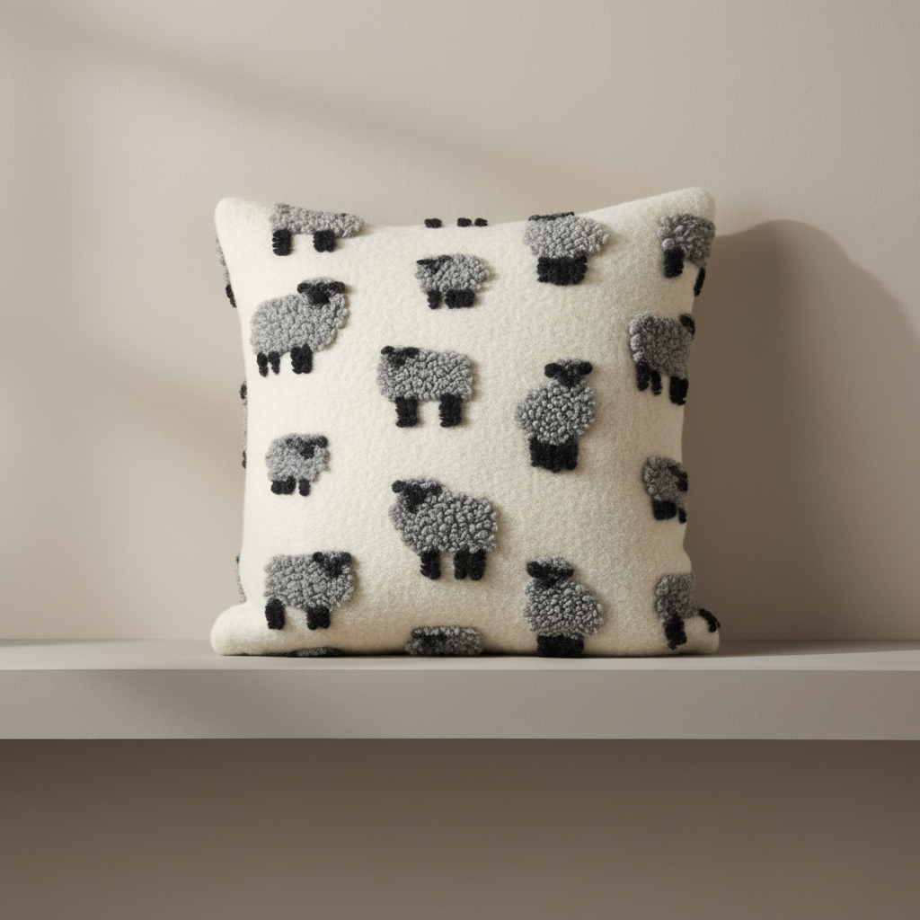 Cuscino in Lana Cotta 50x50 Pecorelle Grigie su Fondo Avorio ? Stile Chalet