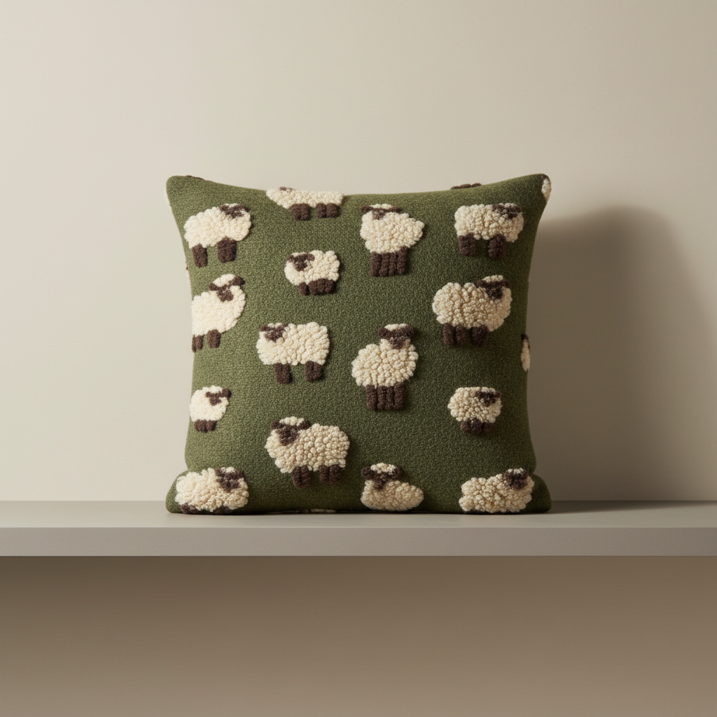 Cuscino in Lana Cotta 50x50 Pecorelle su Fondo Verde ? Stile Montagna
