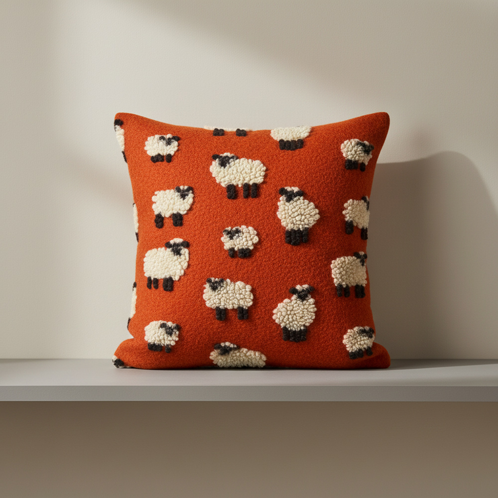 Cuscino in Lana Cotta 50x50 Pecorelle su Fondo Ruggine ? Stile Montagna