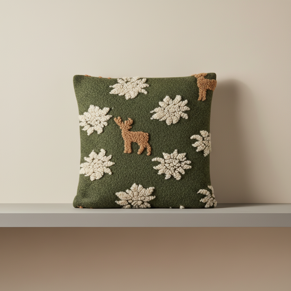 Cuscino arredo in lana cotta 50x50 cm verde cervo e fiocchi di neve