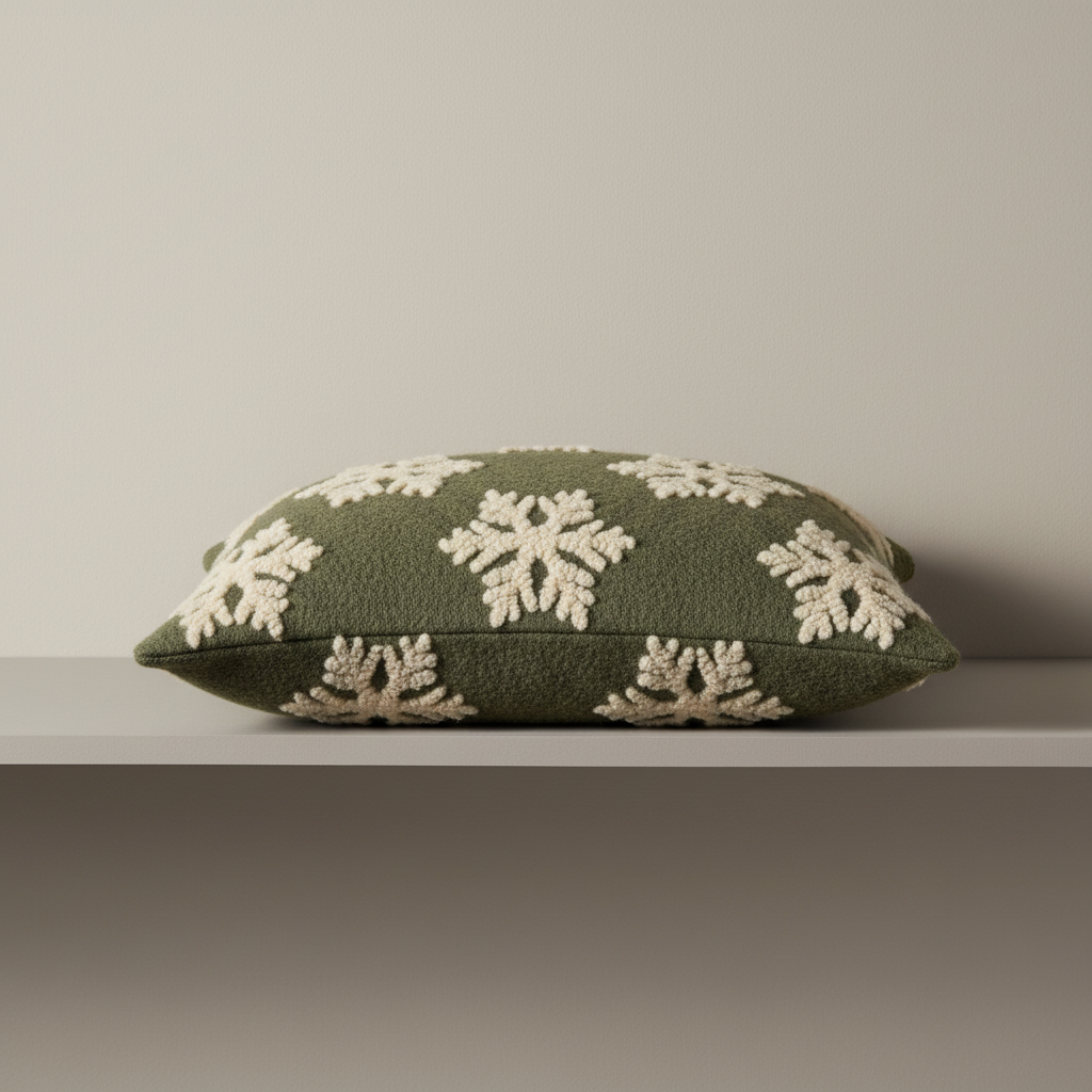 Cuscino arredo in lana cotta 50x50 cm fiocchi di neve fondo verde 