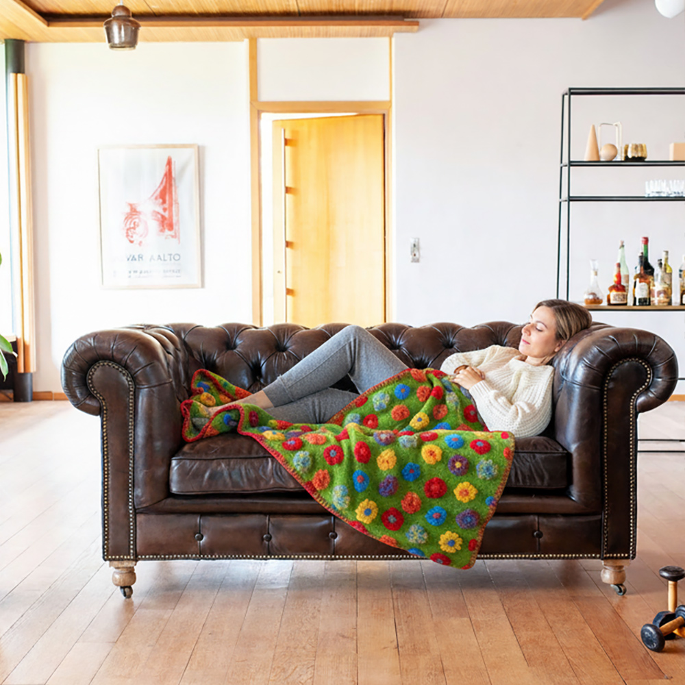 Plaid in Lana Cotta da divano 150x170 margherite multicolor fondo verde erba