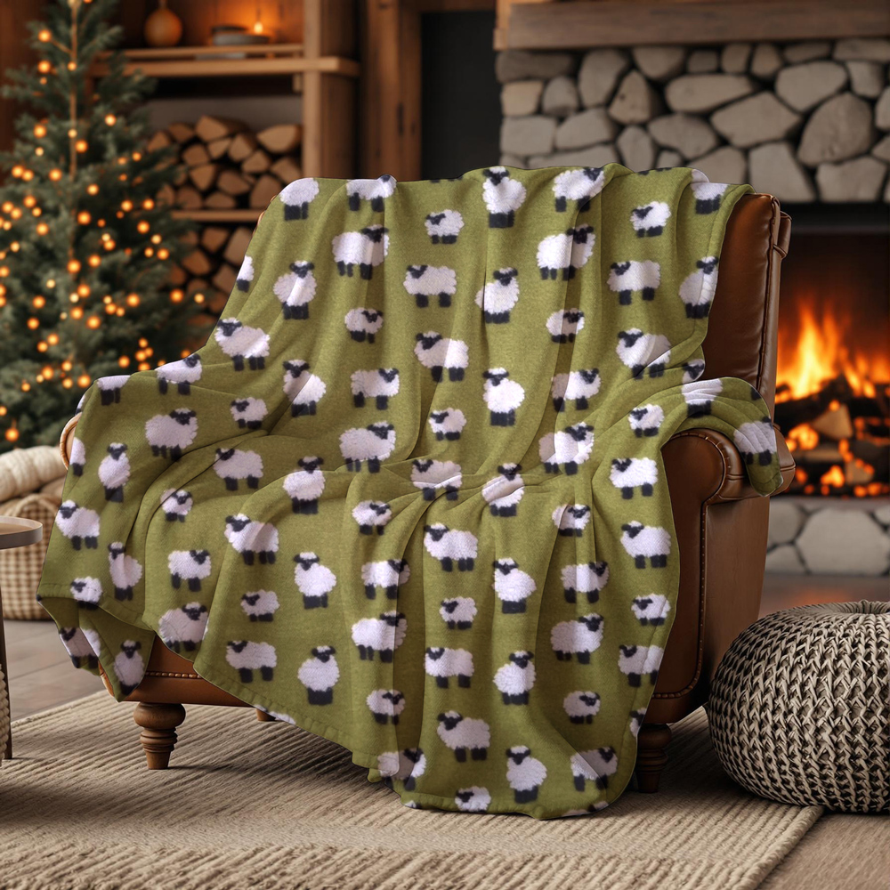 Plaid lana cotta 150x170 cm fondo verde con pecore – Mountain Alpine