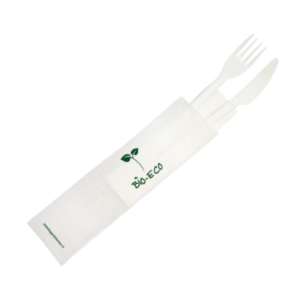 Bis di posate in C-PLA monouso imbustato (Tov.+For.+Col.) 